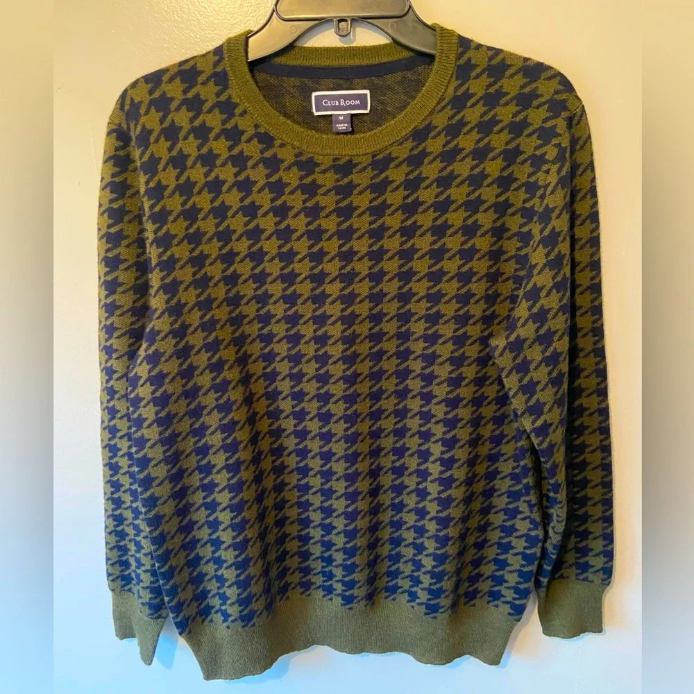 Merino Wool Men’s Green and Navy Houndstooth Sweater - Picture 1 of 3